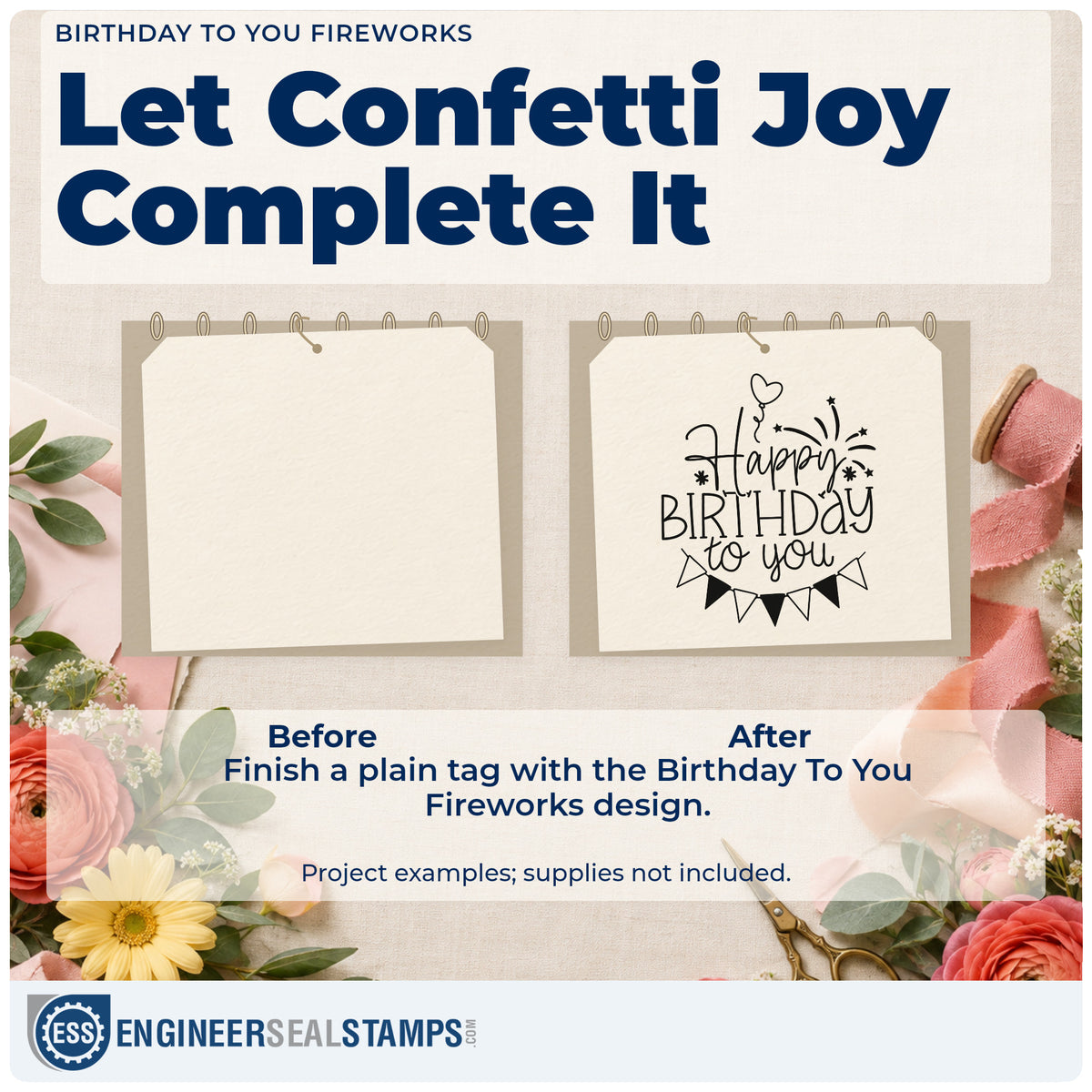 Before and after of a plain item finished with the Birthday To You Fireworks Rubber Stamp – Wood Handle, a quick upgrade for framed desk shelf.