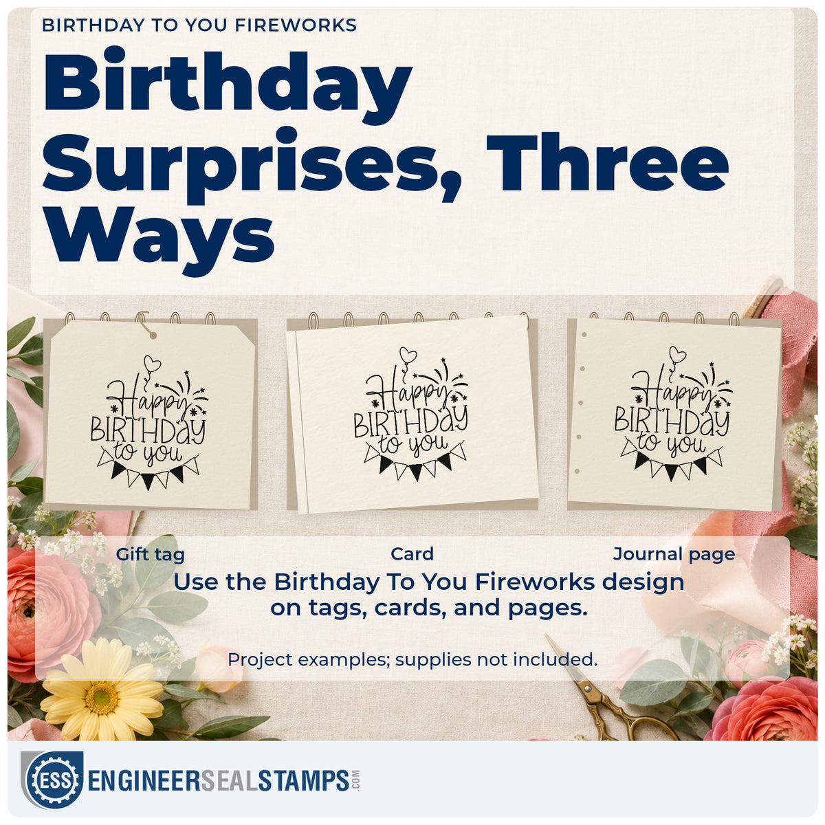Three project examples made with the Birthday To You Fireworks Rubber Stamp – Wood Handle, including mailing date sheet.