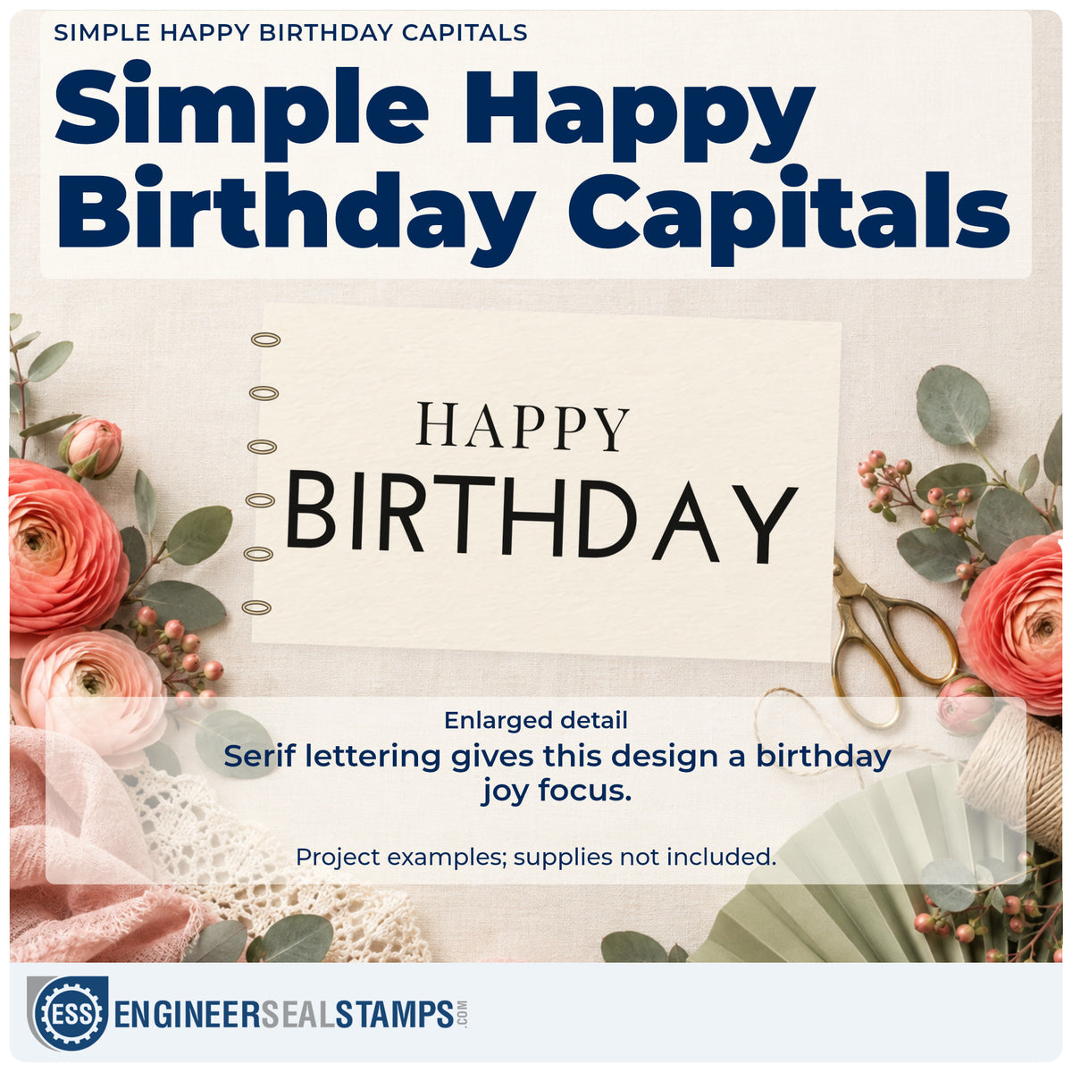 Enlarged detail of the Simple Happy Birthday Capitals Premium Wood-Mounted Stamp – Vintage Pro imprint. HAPPY appears in small serif capitals above larger plain BIRTHDAY capitals.