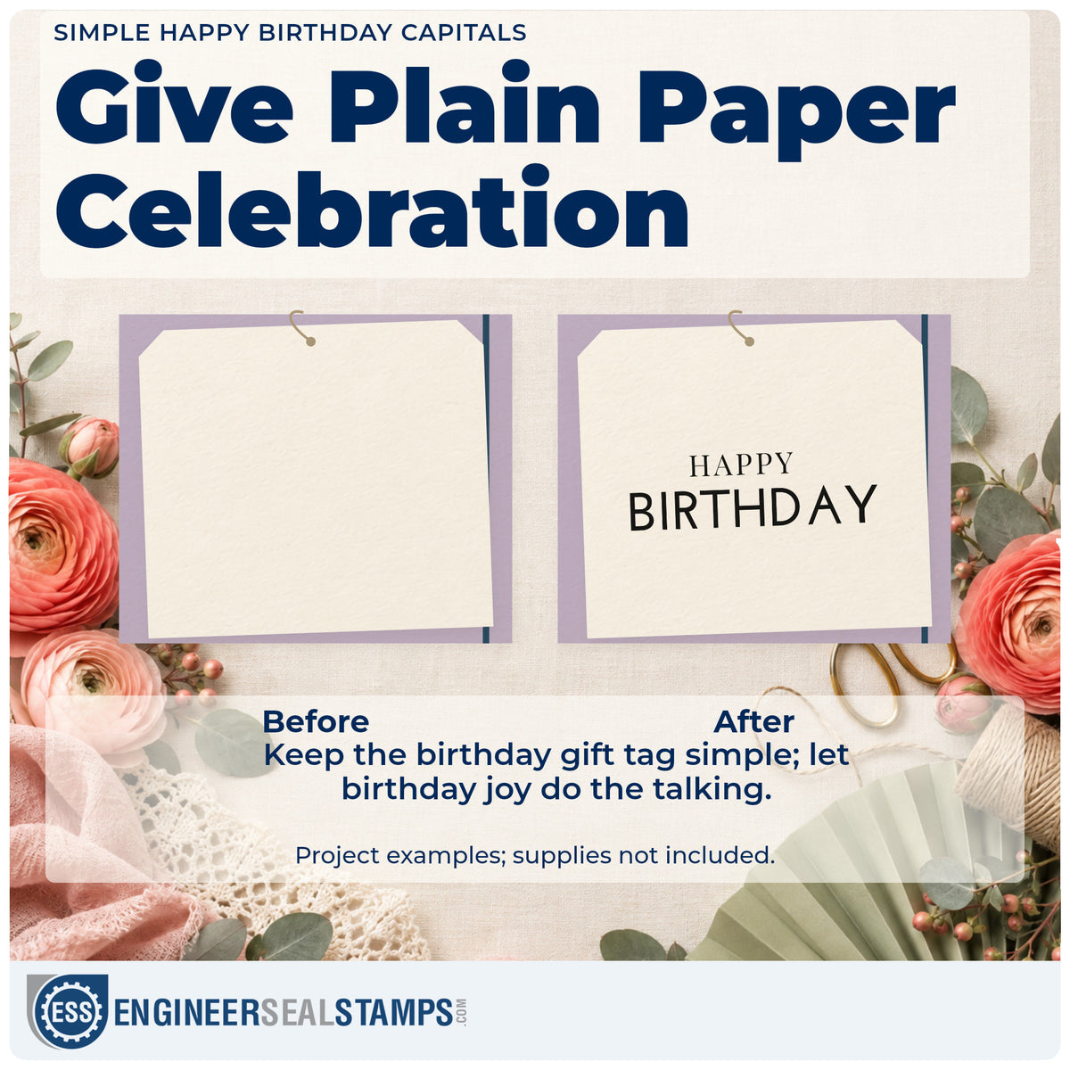 Before and after of a plain item finished with the Simple Happy Birthday Capitals Premium Wood-Mounted Stamp – Vintage Pro, a quick upgrade for framed dining wall.