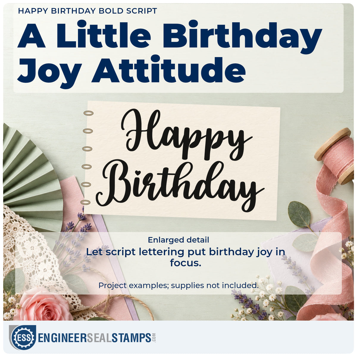 Enlarged detail of the Happy Birthday Bold Script Lettering Rubber Stamp – Duo Hand imprint. Happy Birthday appears in two lines of thick flowing script.