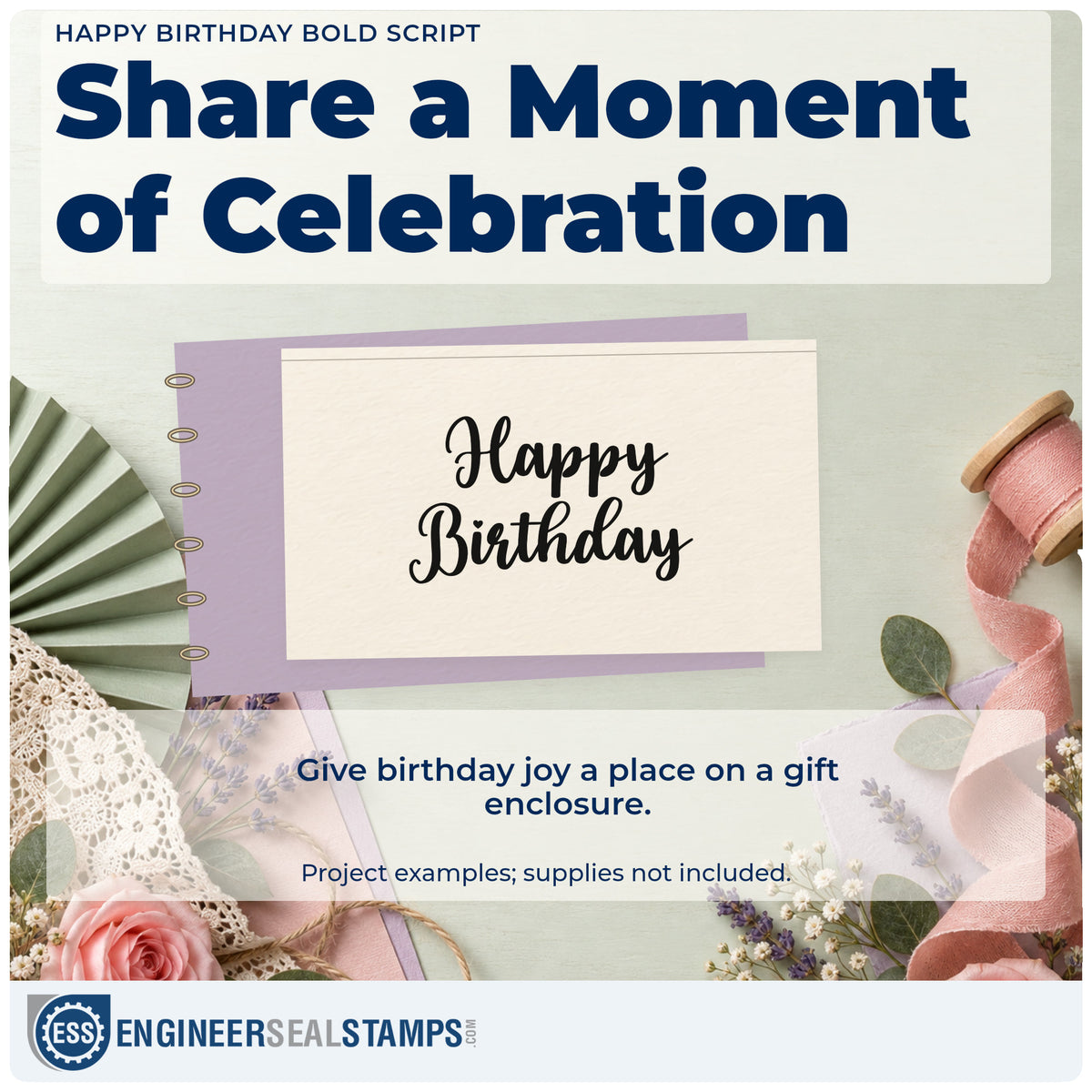 A finished handmade project stamped with the Happy Birthday Bold Script Lettering Rubber Stamp – Duo Hand, ideal for maker year album page.