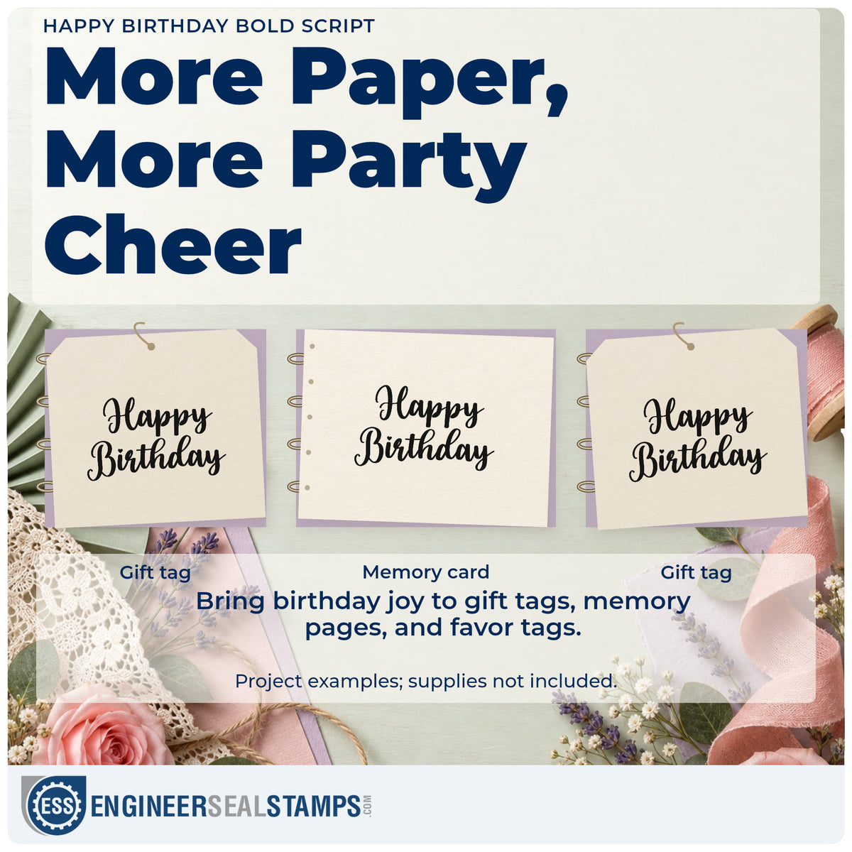 Three project examples made with the Happy Birthday Bold Script Lettering Rubber Stamp – Duo Hand, including stock count sheet.