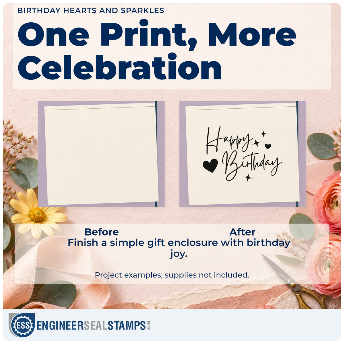 Before and after of a plain item finished with the Happy Birthday With Hearts Rubber Stamp – Wood Handle, a quick upgrade for framed relax room.