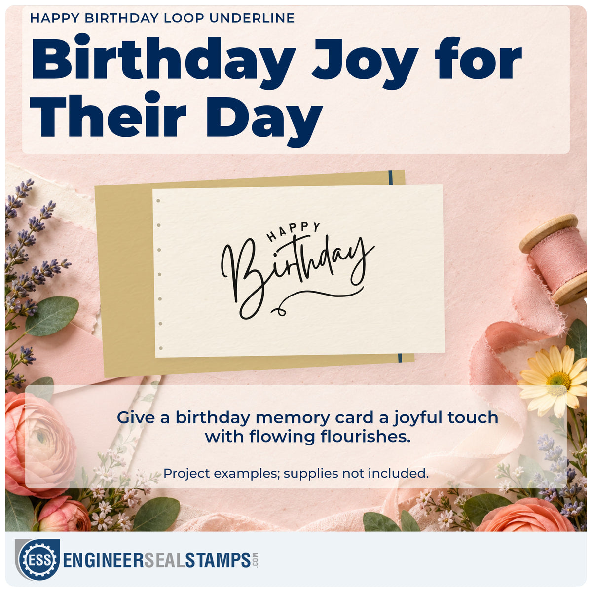 A finished handmade project stamped with the Happy Birthday Loop Underline Arch Premium Wooden Stamp – Vintage Pro, ideal for topper album page.