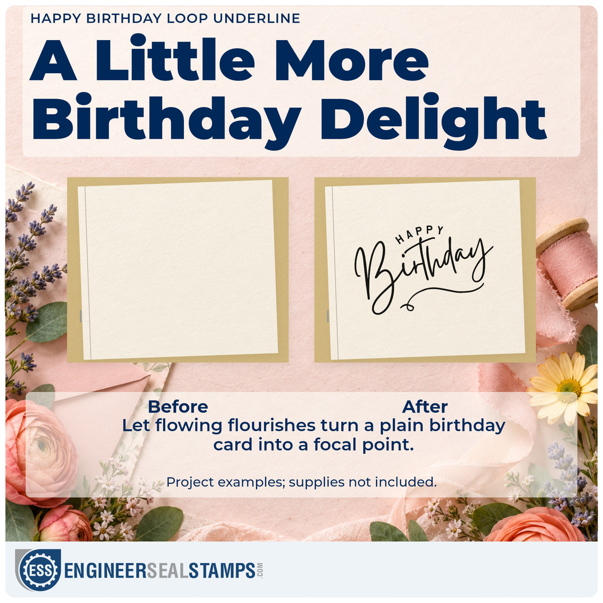 Before and after of a plain item finished with the Happy Birthday Loop Underline Arch Premium Wooden Stamp – Vintage Pro, a quick upgrade for framed craft bench.