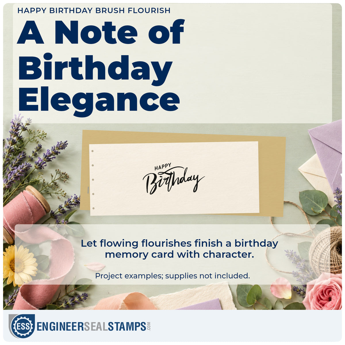 A finished handmade project stamped with the Happy Birthday Brush Flourish Rubber Stamp – Wood Handle, ideal for install album page.