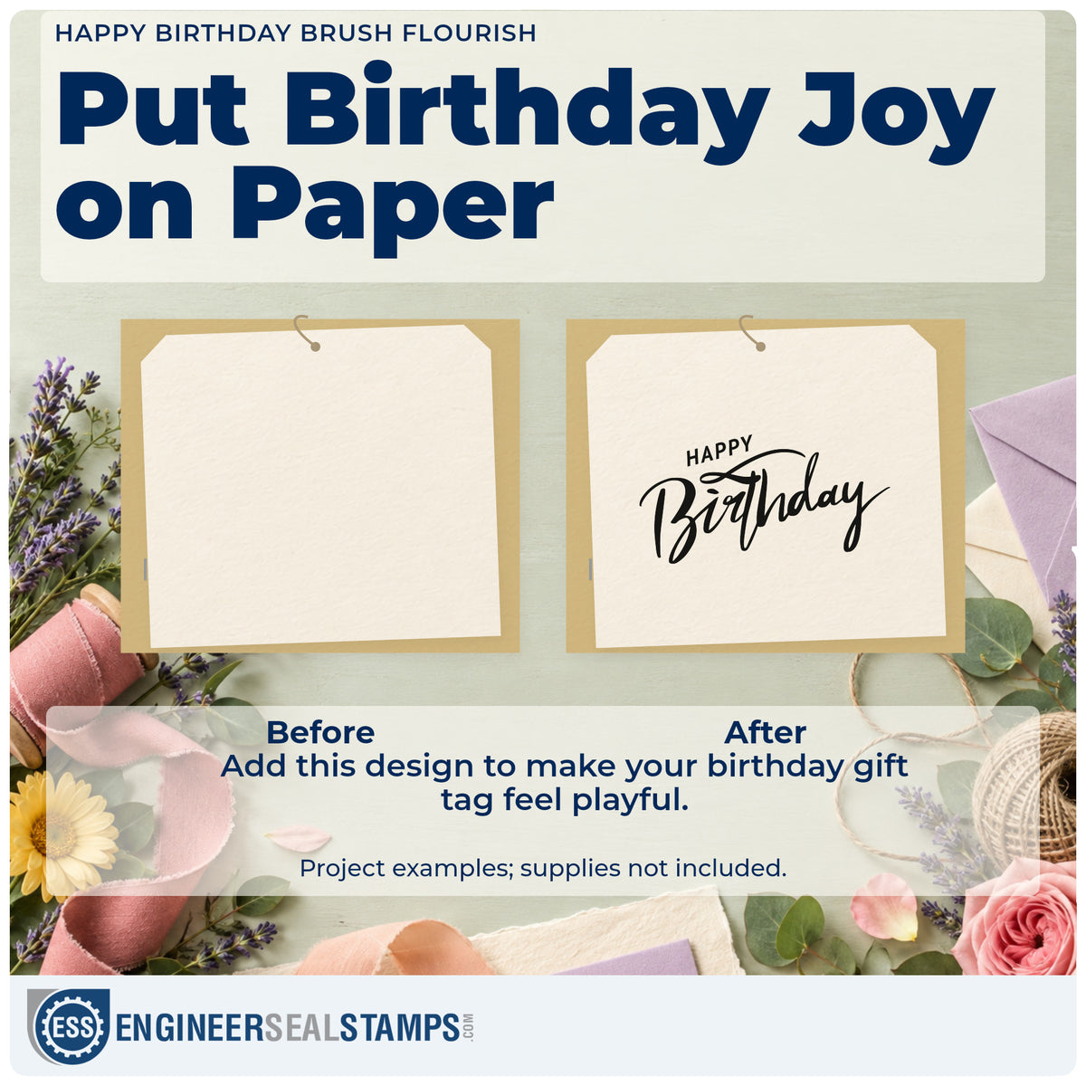Before and after of a plain item finished with the Pre-Inked Happy Birthday Brush Flourish Stamp – PSI, a quick upgrade for framed work studio.