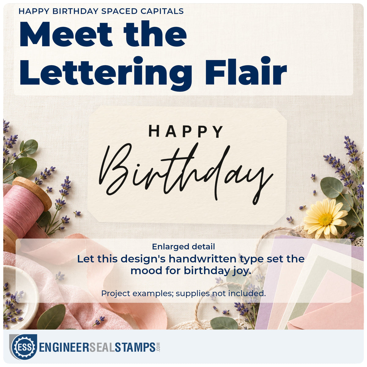 Enlarged detail of the Happy Birthday Spaced Capitals Hand Stamp – Duo imprint. Widely spaced HAPPY sits above a loose handwritten Birthday script.