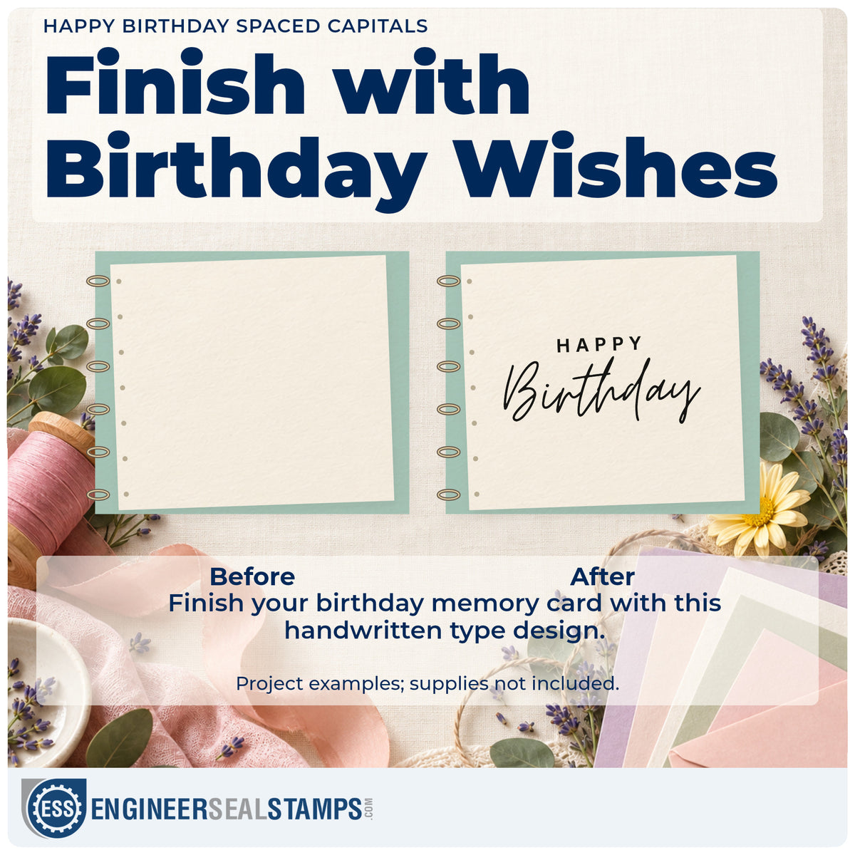 Before and after of a plain item finished with the Happy Birthday Spaced Capitals Hand Stamp – Duo, a quick upgrade for framed club office.