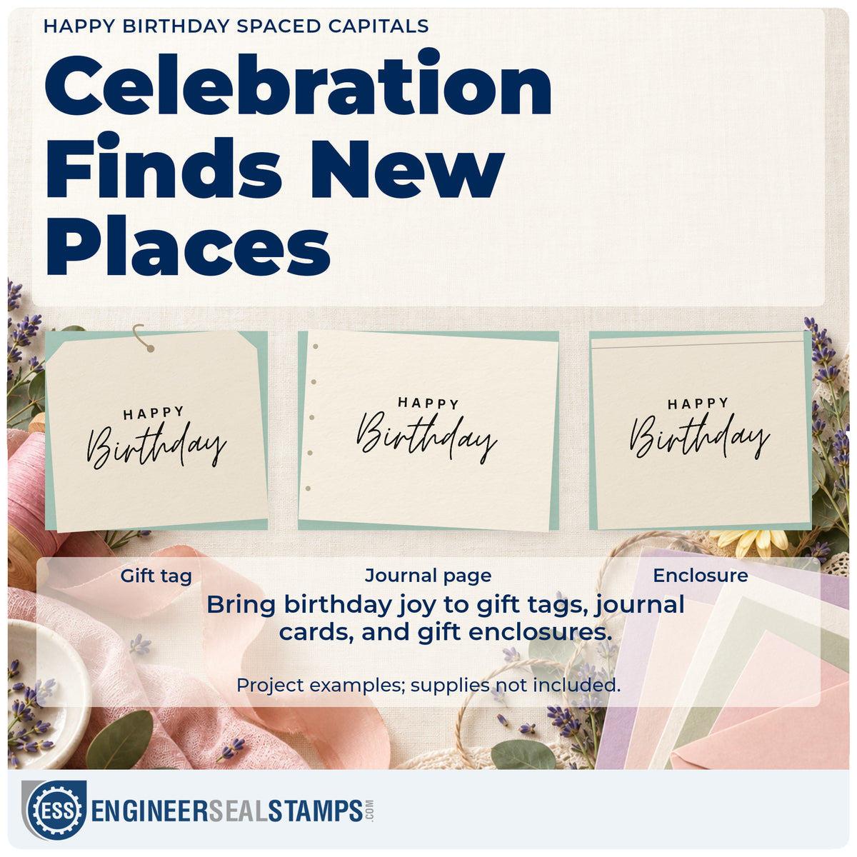 Three project examples made with the Happy Birthday Spaced Capitals Premium Wood-Mounted Stamp – Vintage Pro, including mailing list sheet.