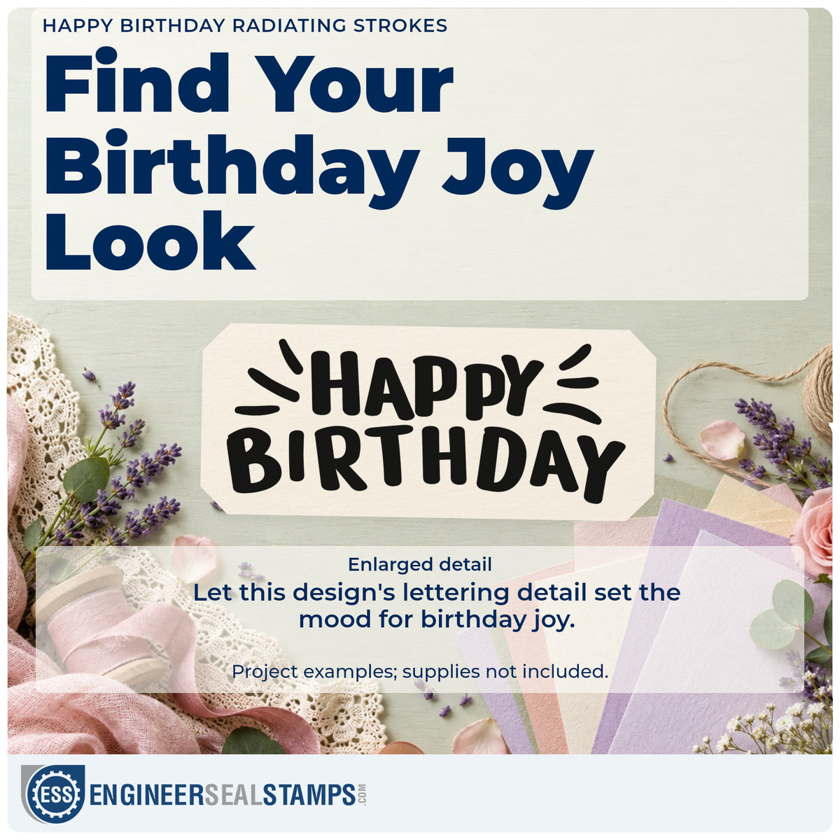 Enlarged detail of the Happy Birthday Radiating Strokes Block Lettering Pre-Inked Stamp – PSI imprint. HAPPY BIRTHDAY appears in chunky playful capitals with radiating strokes at the sides.