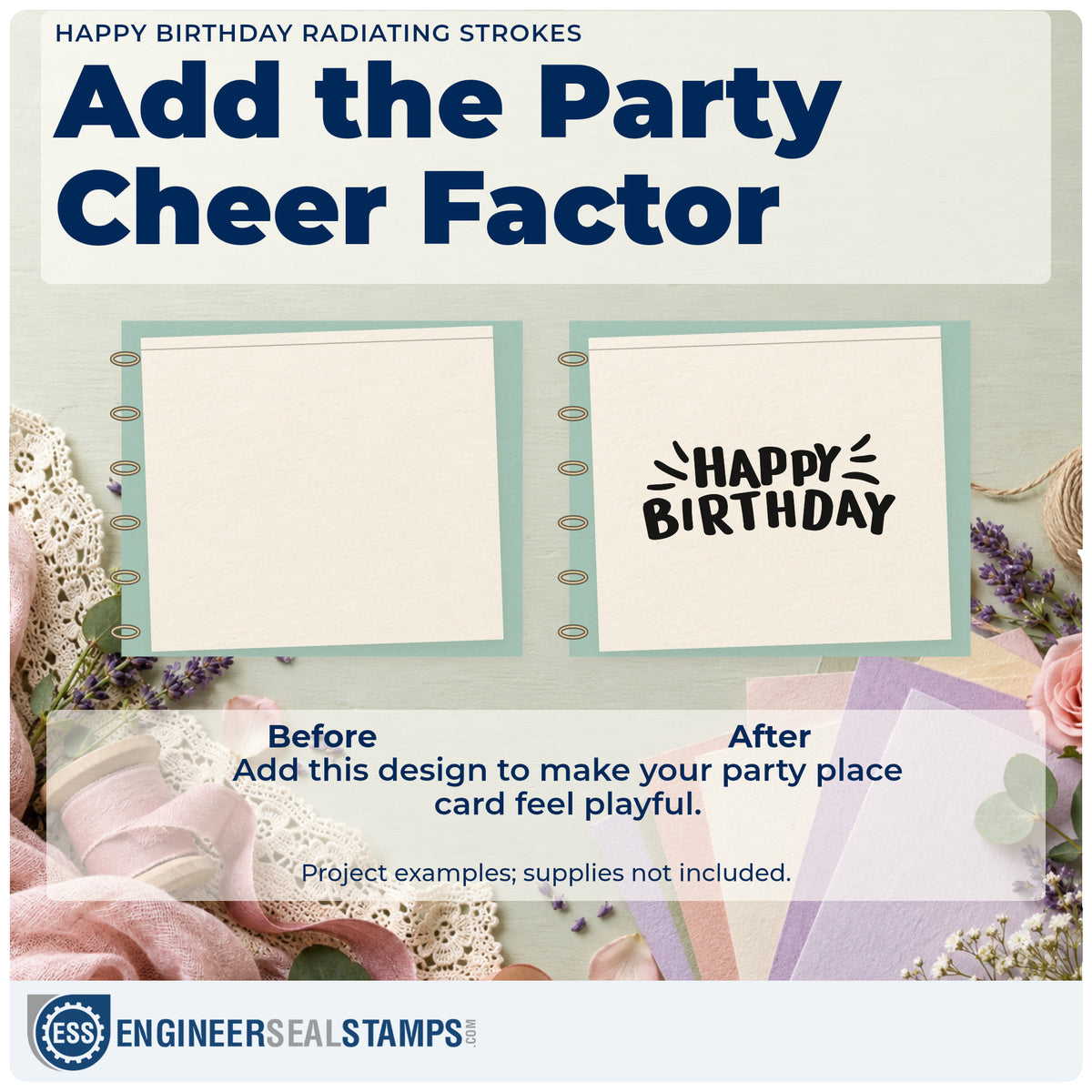 Before and after of a plain item finished with the Happy Birthday Radiating Strokes Block Lettering Slim Pre-Inked Stamp, a quick upgrade for framed party room.