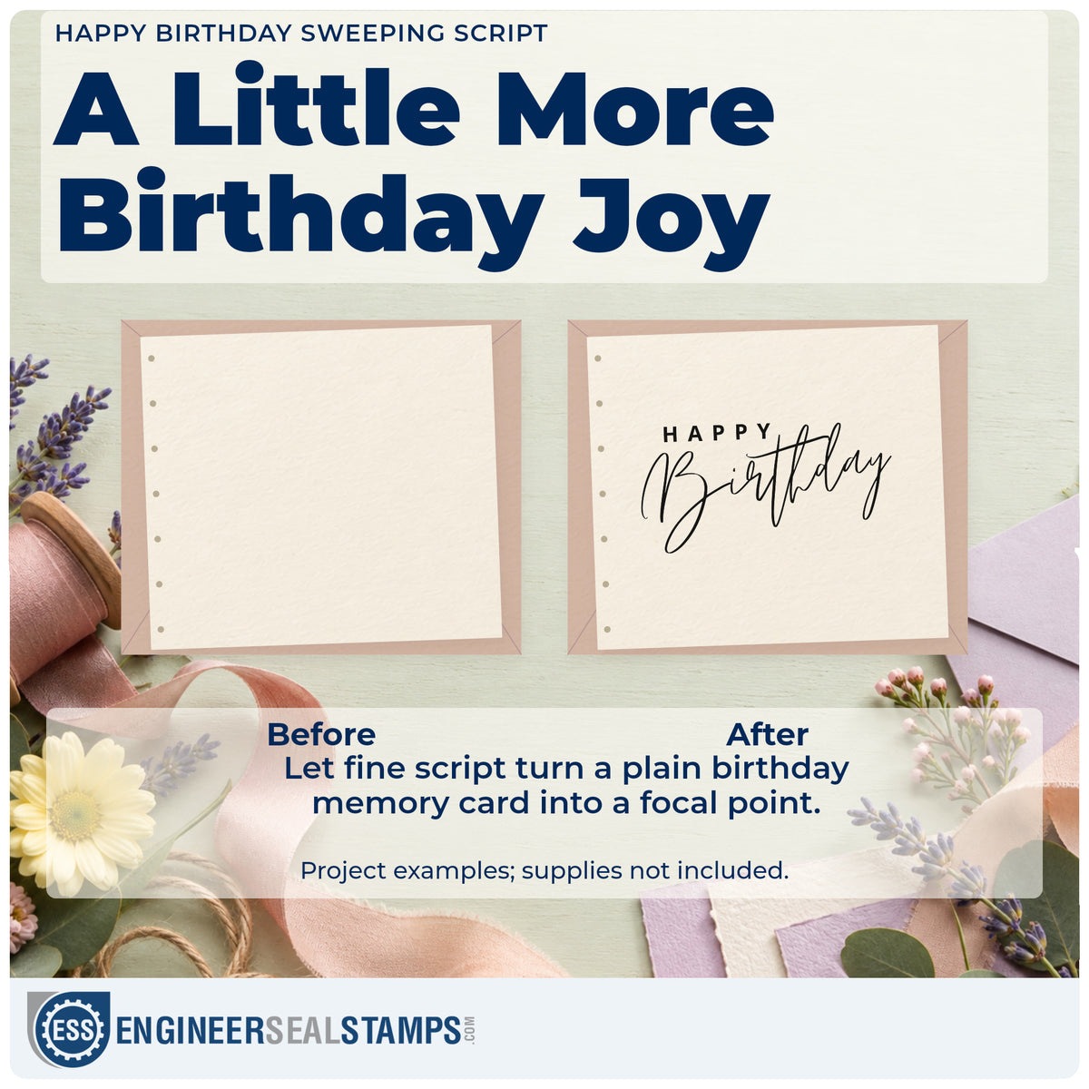 Before and after of a plain item finished with the Happy Birthday Fine Sweeping Script Hand Stamp – Duo, a quick upgrade for framed prep kitchen.
