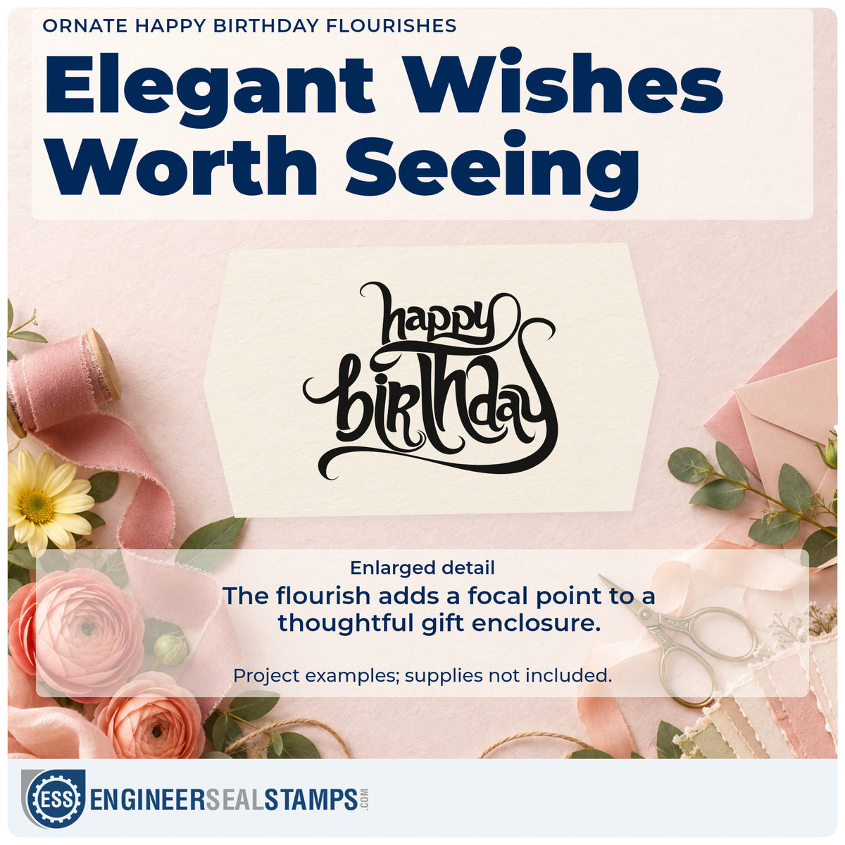 Enlarged detail of the Ornate Happy Birthday Flourishes Script Lettering PSI Pre-Inked Stamp imprint. happy birthday appears in elaborate thick script with large curling flourishes.