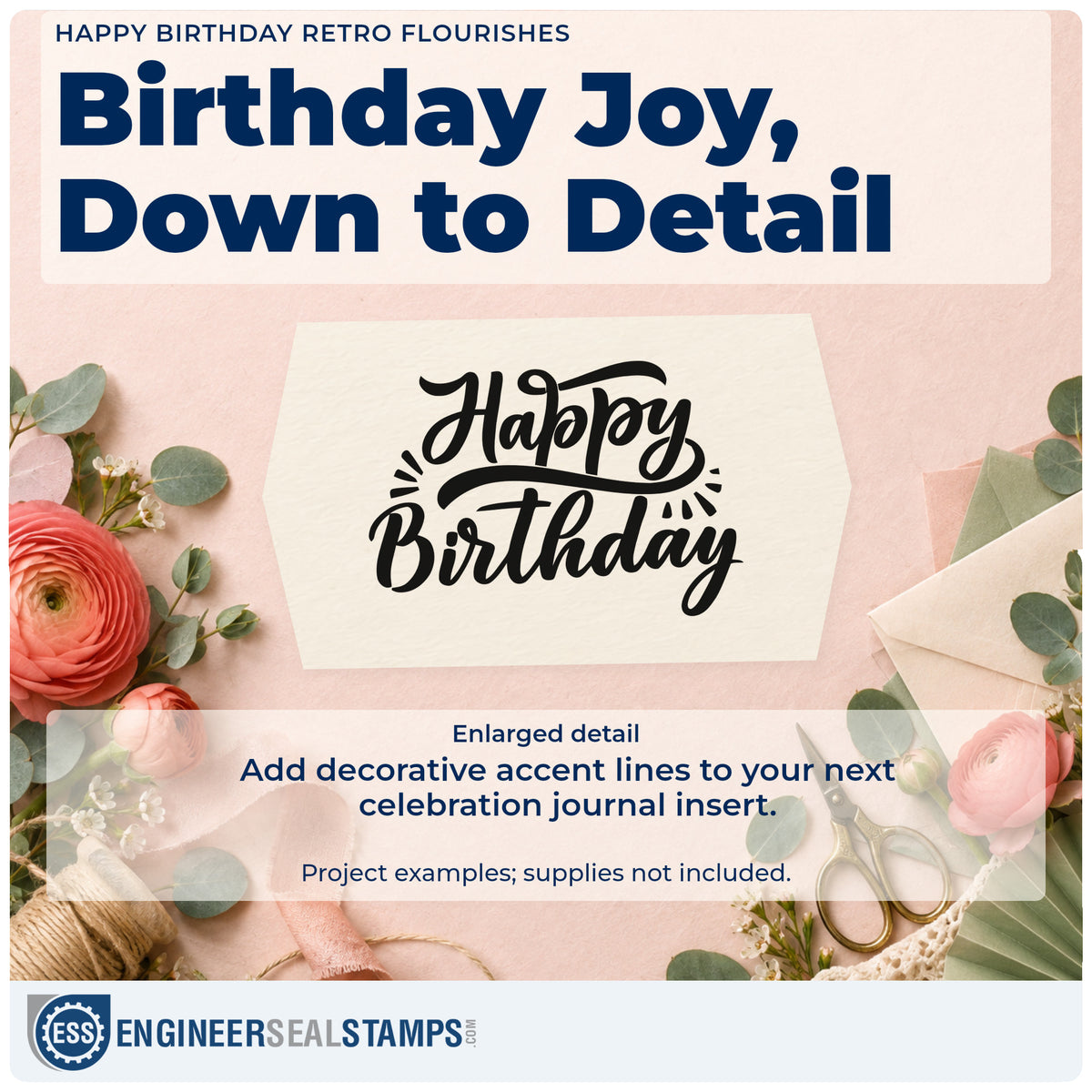 Enlarged detail of the Happy Birthday Retro Flourishes Slim Pre-Inked Stamp imprint. Happy Birthday appears in bold retro script with sweeping underlines and small accent strokes.