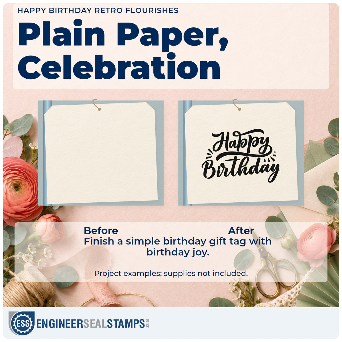 Before and after of a plain item finished with the Happy Birthday Retro Flourishes Slim Pre-Inked Stamp, a quick upgrade for framed skate counter.