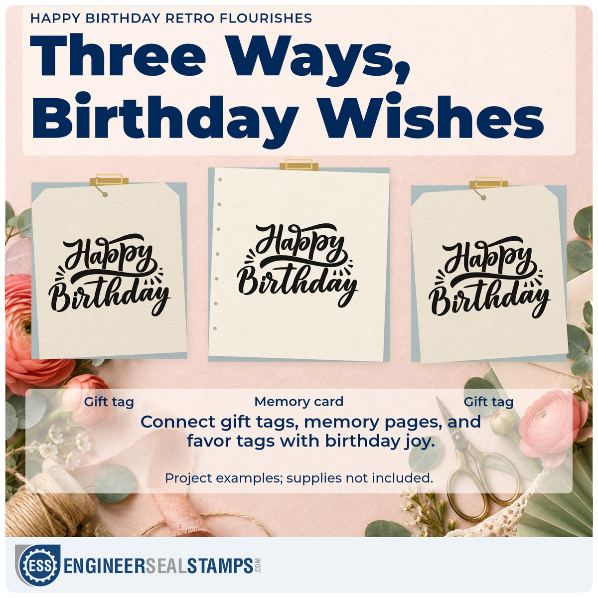 Three project examples made with the PSI Pre-Inked Happy Birthday Retro Flourishes Stamp, including session slot sheet.