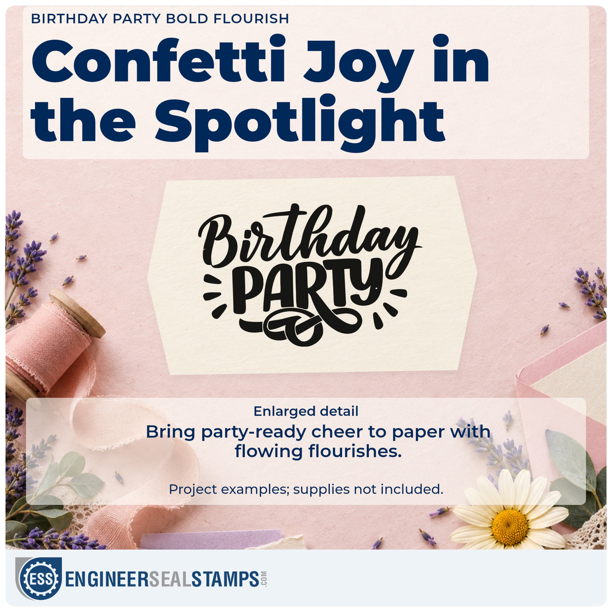 Enlarged detail of the Birthday Party Rubber Stamp – Duo Hand imprint. Birthday PARTY appears in bold lettering with a curled underline and radiating strokes.