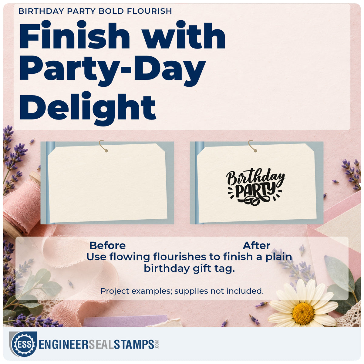 Before and after of a plain item finished with the Birthday Party Rubber Stamp – Duo Hand, a quick upgrade for framed back gate.