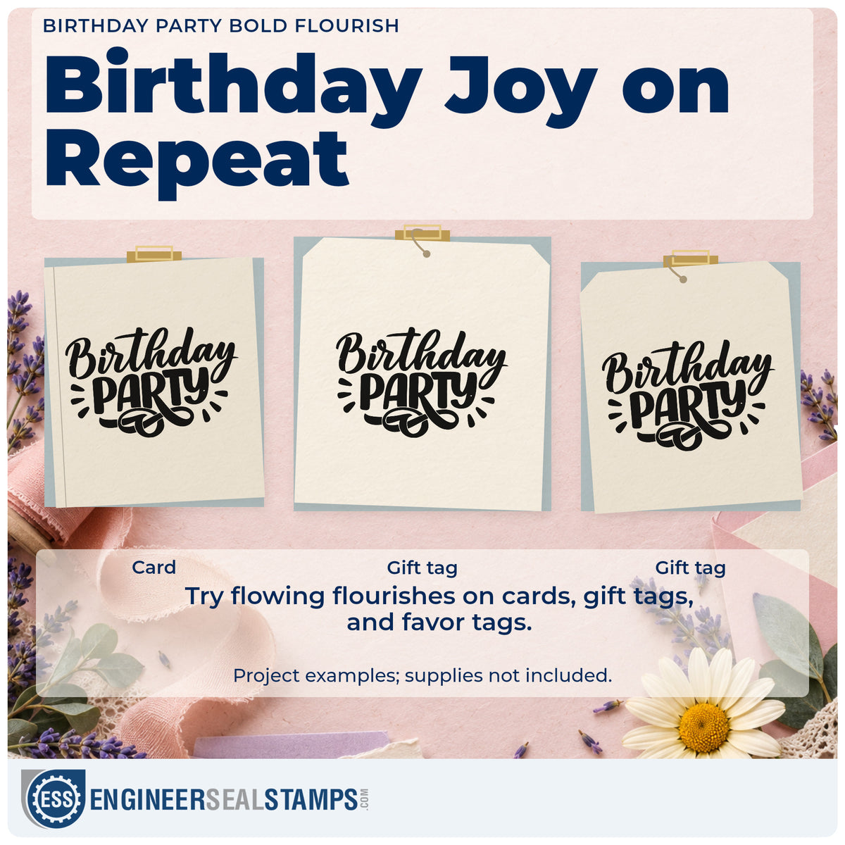 Three project examples made with the Birthday Party Stamp – Premium Vintage Pro Wooden, including guest list sheet.