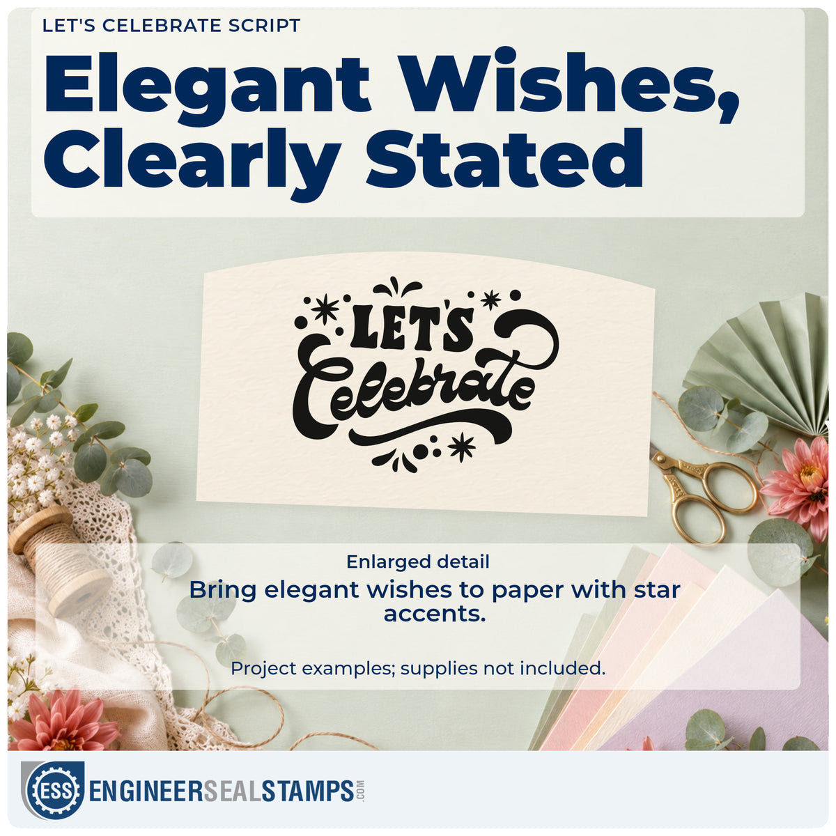 Enlarged detail of the Duo Hand Bold Let's Celebrate Decorative Lettering Rubber Stamp imprint. LET'S Celebrate appears in bold decorative lettering with stars, dots, and flourishes.