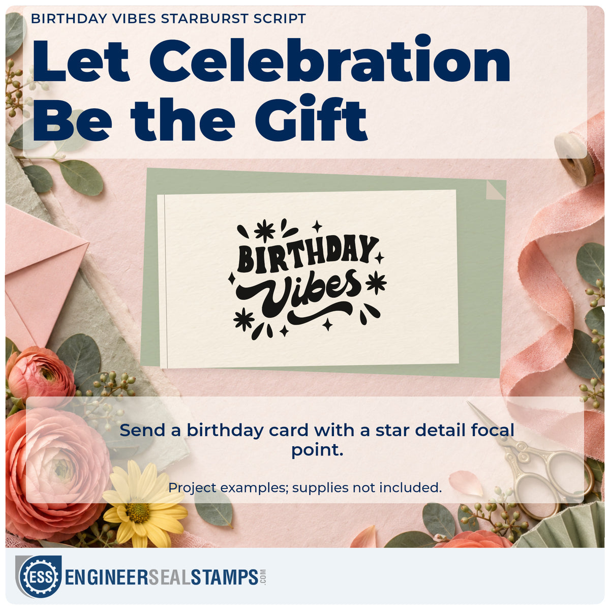 A finished handmade project stamped with the Birthday Vibes Starburst Script Hand Stamp – Duo, ideal for member year album page.