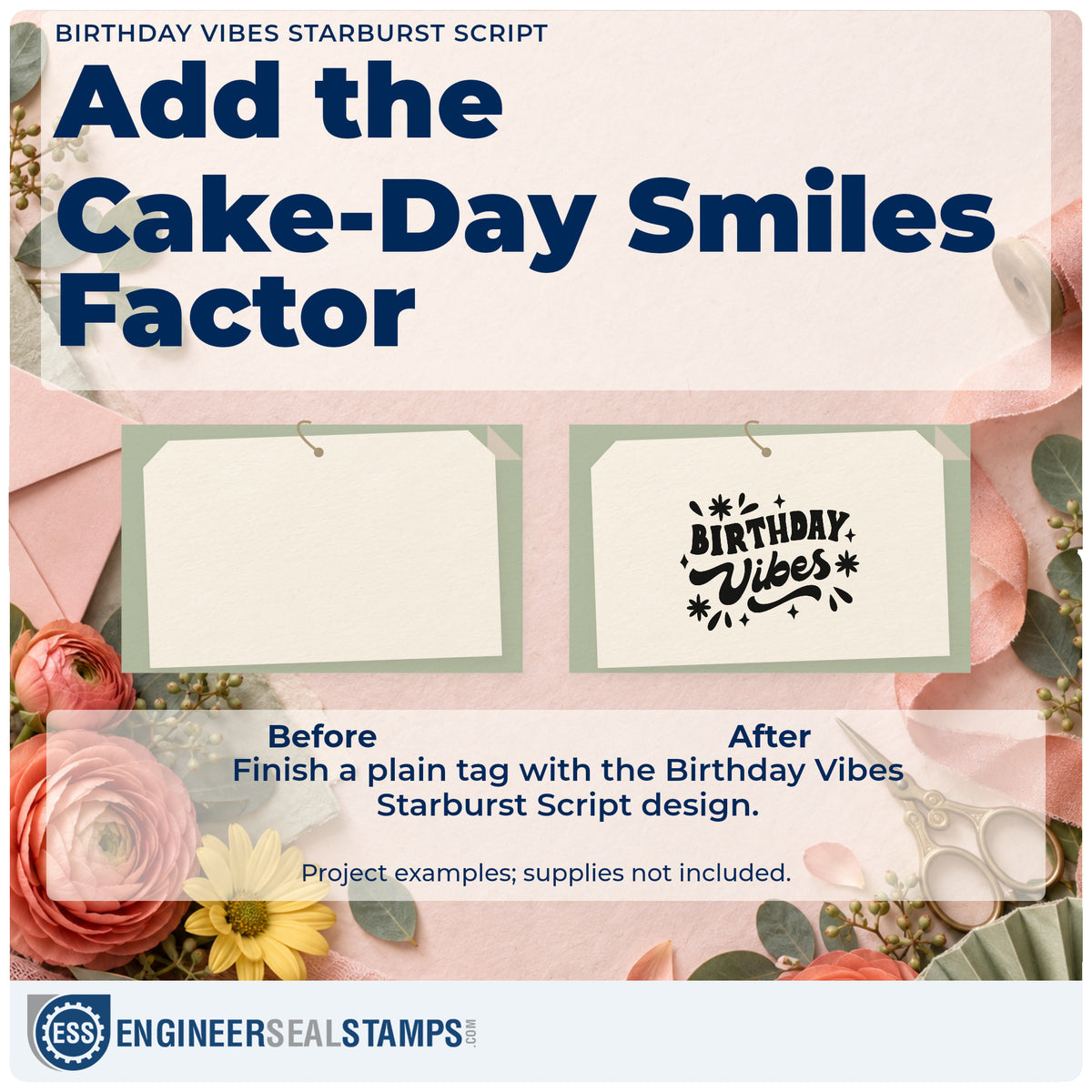 Before and after of a plain item finished with the Birthday Vibes Starburst Script Stamp – Self-Inking, a quick upgrade for framed studio entry.