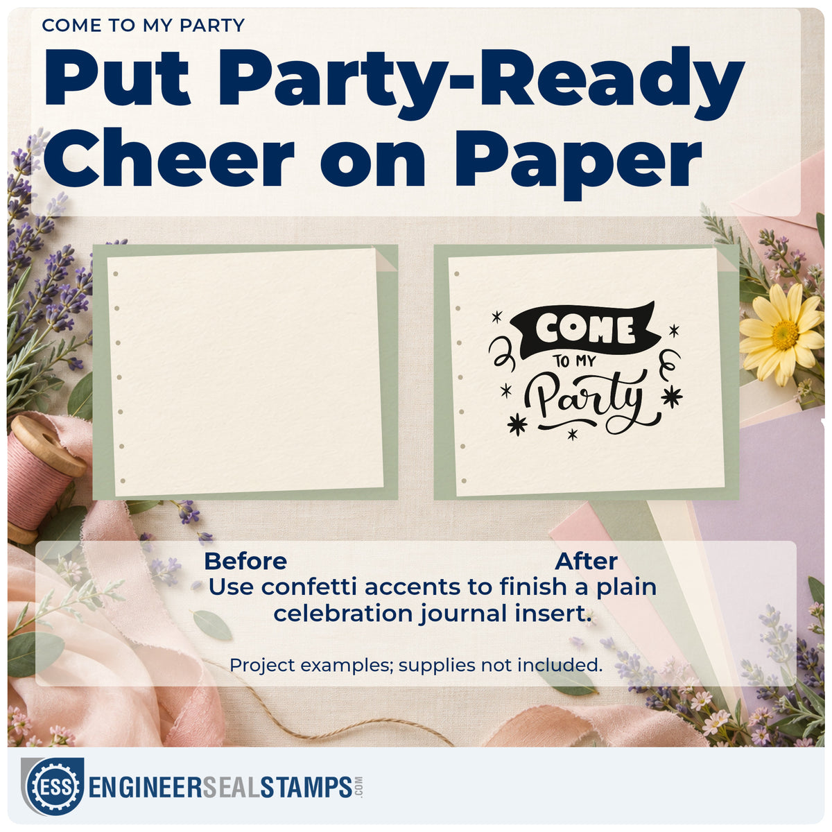 Before and after of a plain item finished with the Come To My Party With Stars Rubber Stamp – Duo Hand, a quick upgrade for framed press room.
