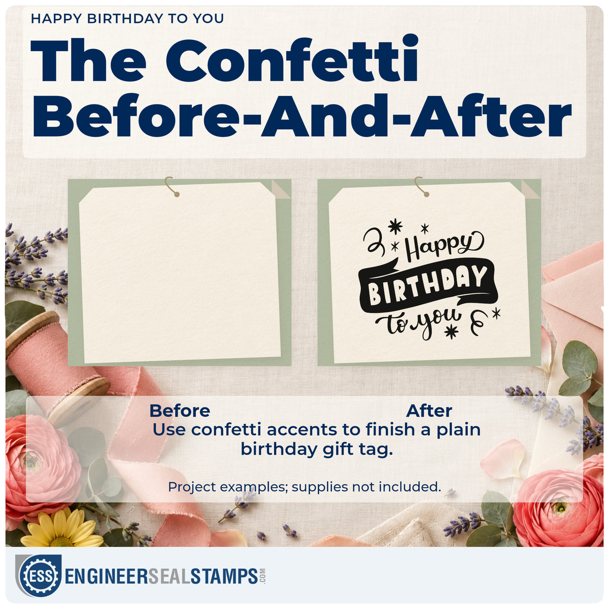Before and after of a plain item finished with the Happy Birthday To You With Stars Rubber Stamp – Wood Handle, a quick upgrade for framed class room.
