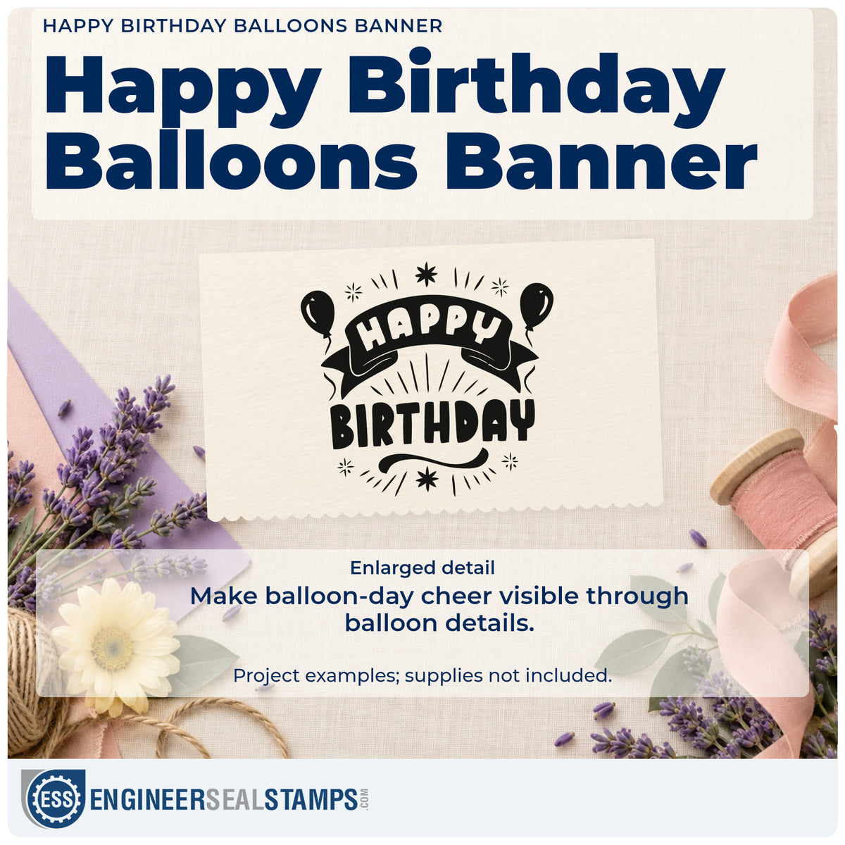 Enlarged detail of the Happy Birthday Balloons Banner With Sparkles PSI Pre-Inked Stamp imprint. HAPPY appears on a curved ribbon above BIRTHDAY with two balloons and radiating sparkles.