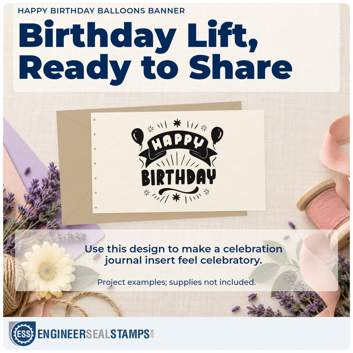 A finished handmade project stamped with the Happy Birthday Balloons Banner With Sparkles PSI Pre-Inked Stamp, ideal for pitch year album page.
