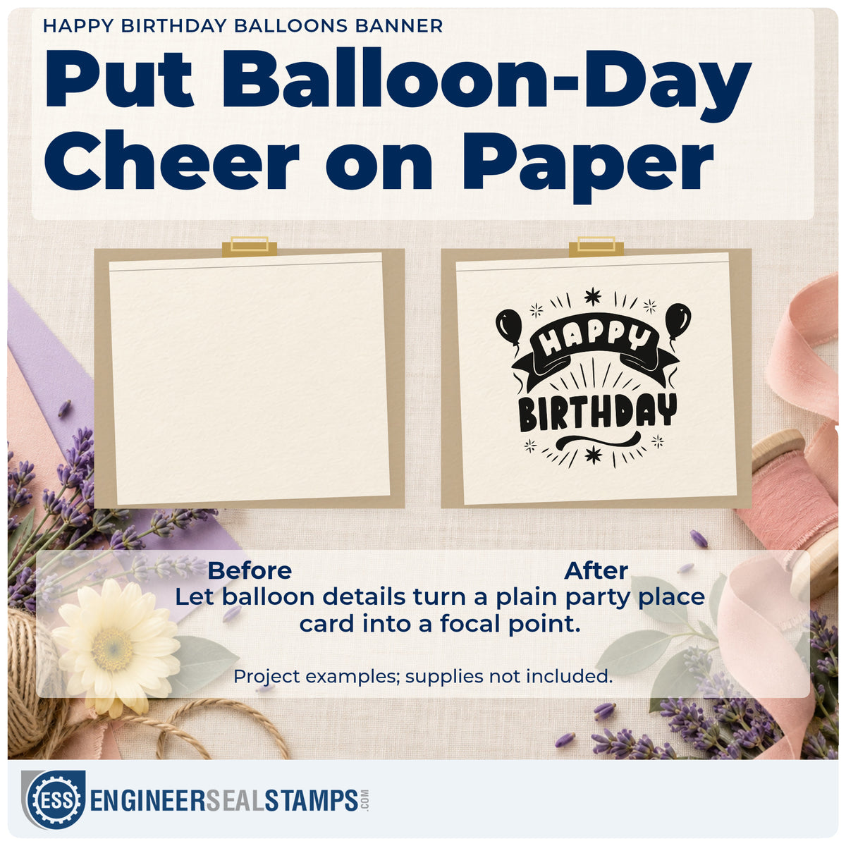 Before and after of a plain item finished with the Happy Birthday Balloons Banner With Sparkles PSI Pre-Inked Stamp, a quick upgrade for framed trailer door.