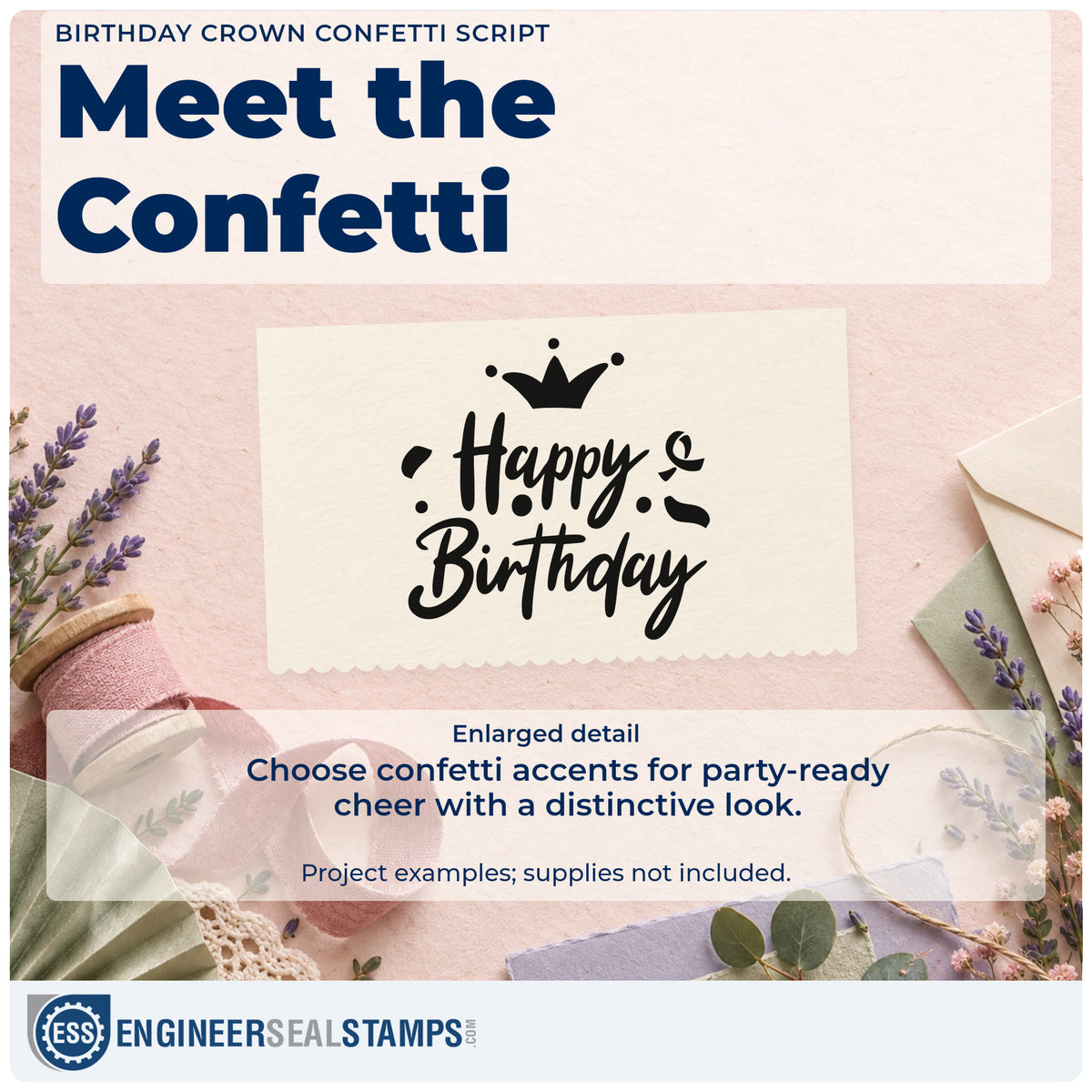 Enlarged detail of the Birthday Crown Confetti Script Lettering Rubber Stamp – Duo Hand imprint. Happy Birthday appears in bold script below a small crown amid dots and curled confetti.