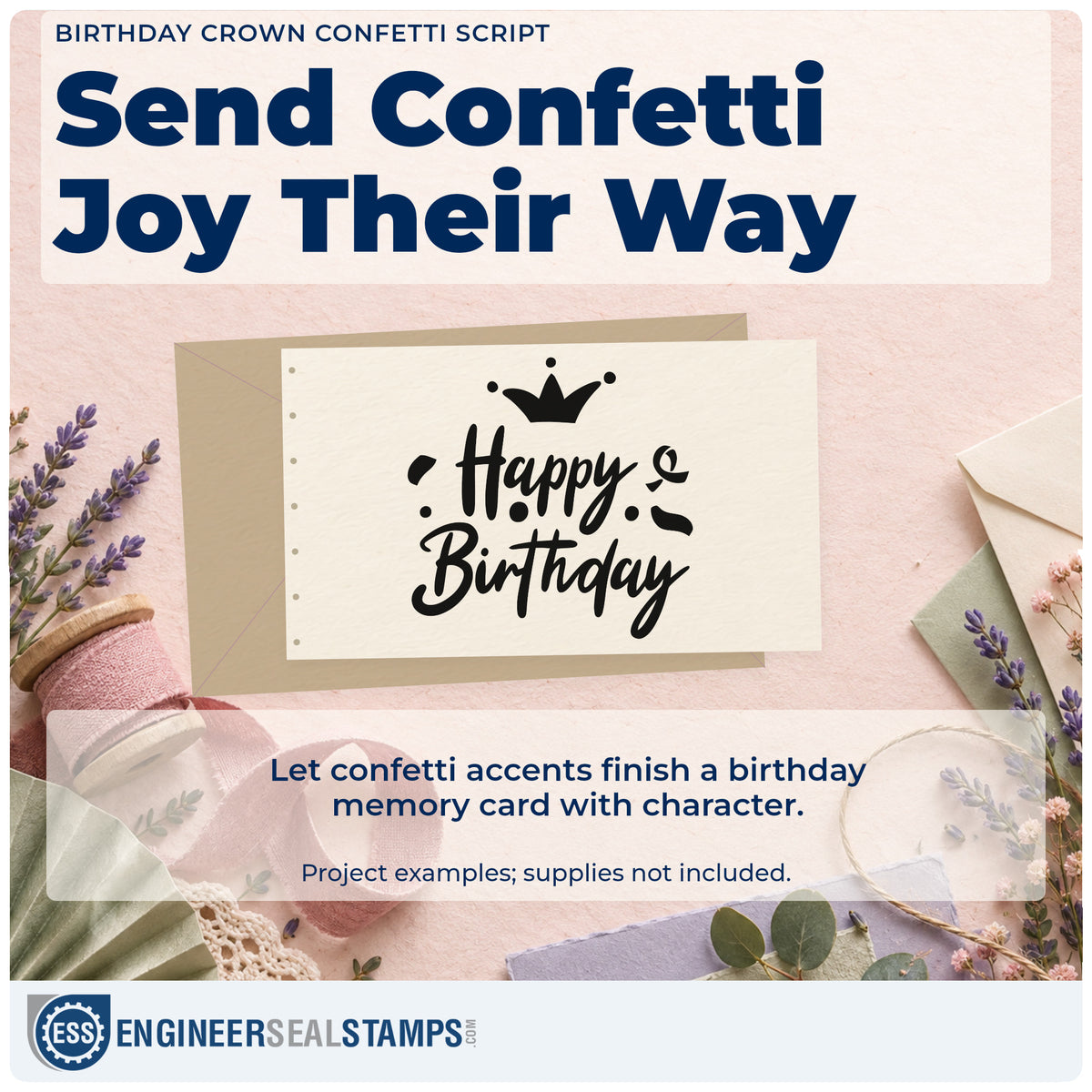 A finished handmade project stamped with the Birthday Crown Confetti Script Lettering Rubber Stamp – Duo Hand, ideal for salon year album page.