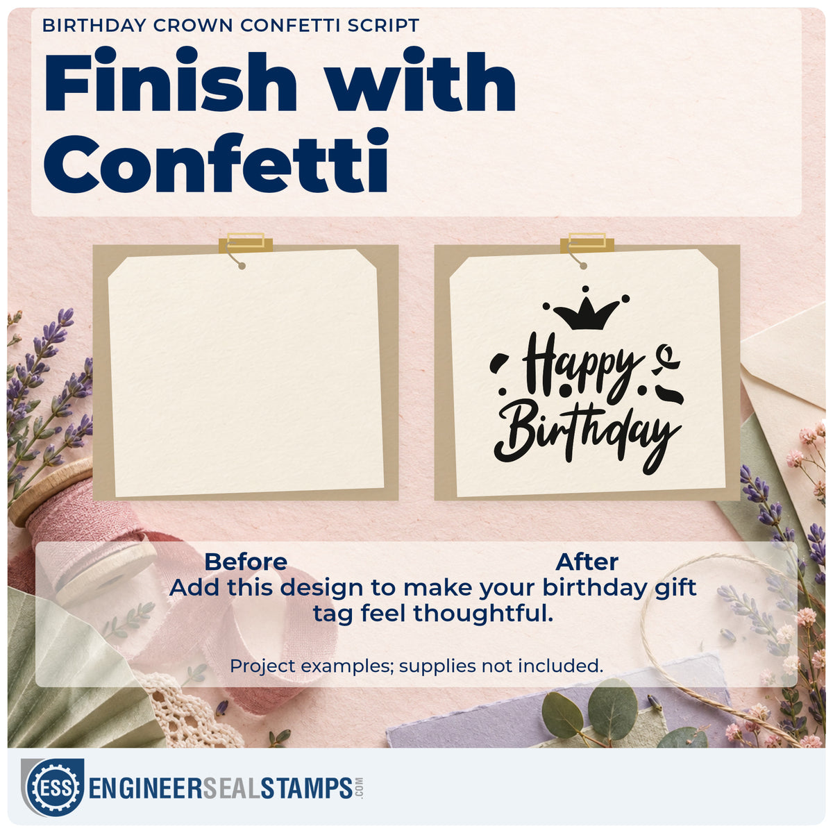 Before and after of a plain item finished with the Birthday Crown Confetti Script Lettering Premium Wooden Stamp – Vintage Pro, a quick upgrade for framed styling station.