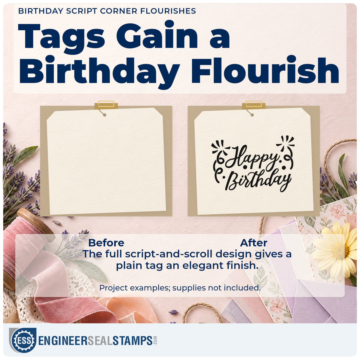 Before and after of a plain item finished with the Birthday Script Corner Flourishes Hand Stamp – Duo, a quick upgrade for framed studio wall.