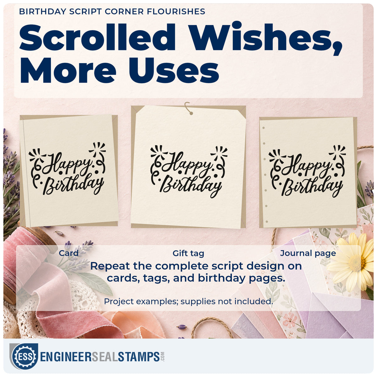 Three project examples made with the Birthday Script Corner Flourishes Hand Stamp – Duo, including session plan sheet.