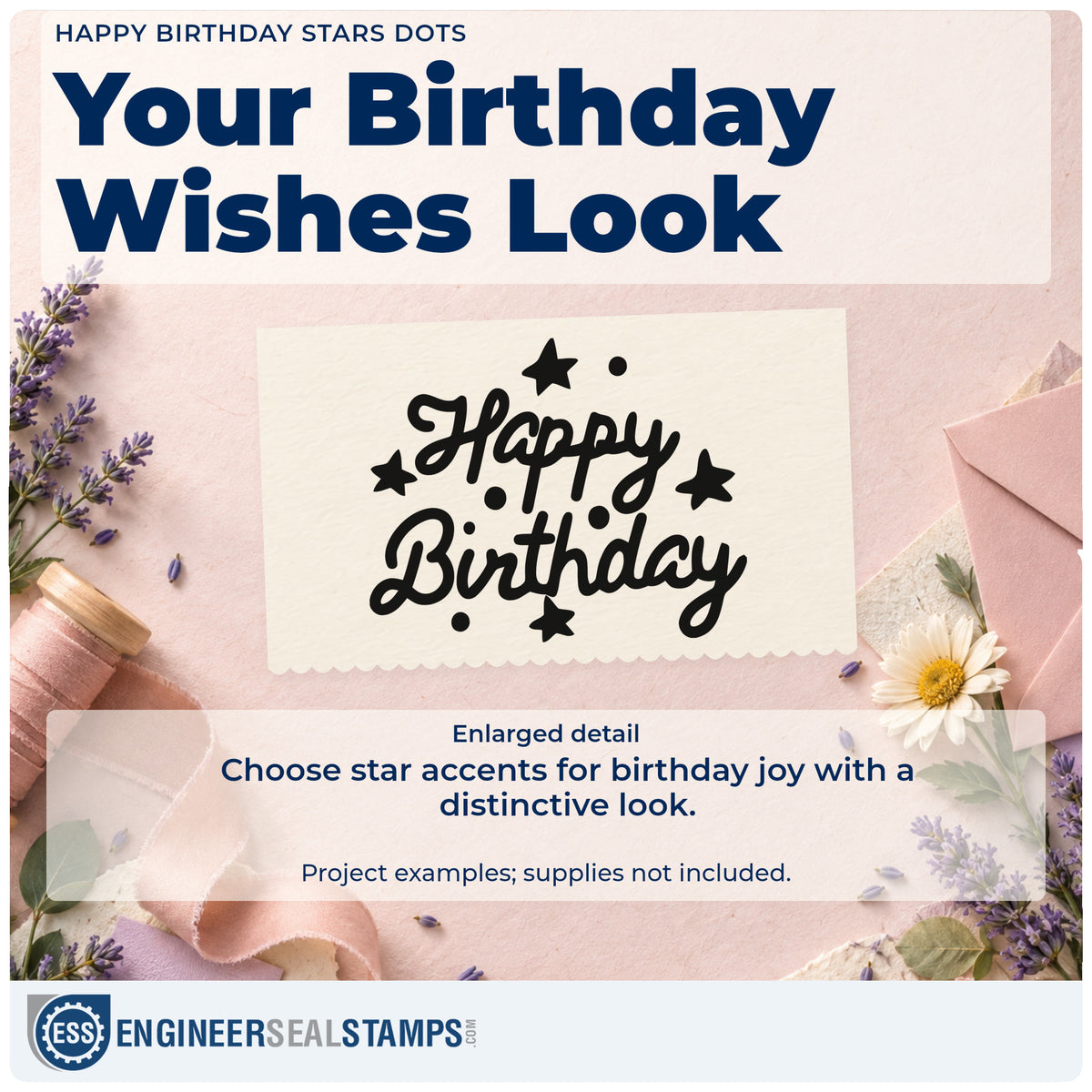 Enlarged detail of the Happy Birthday Stars Dots Script Lettering Stamp – Premium Vintage Pro Wooden imprint. Happy Birthday appears in bold script surrounded by solid stars and dots.