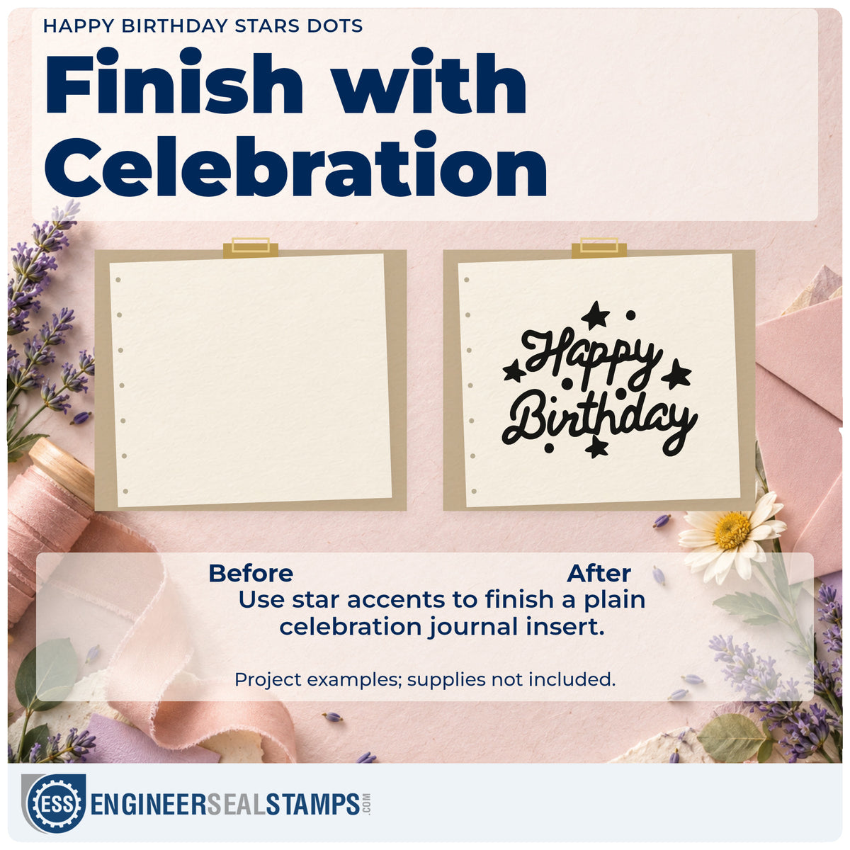 Before and after of a plain item finished with the Happy Birthday Stars Dots Script Lettering Stamp – Premium Vintage Pro Wooden, a quick upgrade for framed hall corner.