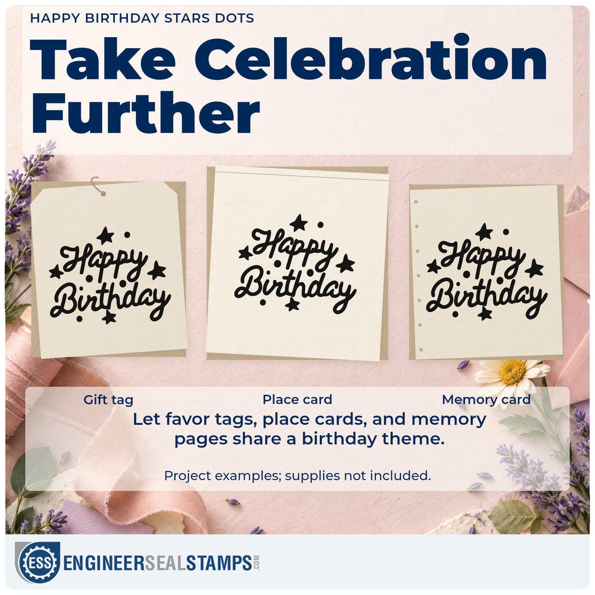 Three project examples made with the Happy Birthday Stars Dots Script Lettering Stamp – Duo Hand, including trip plan sheet.