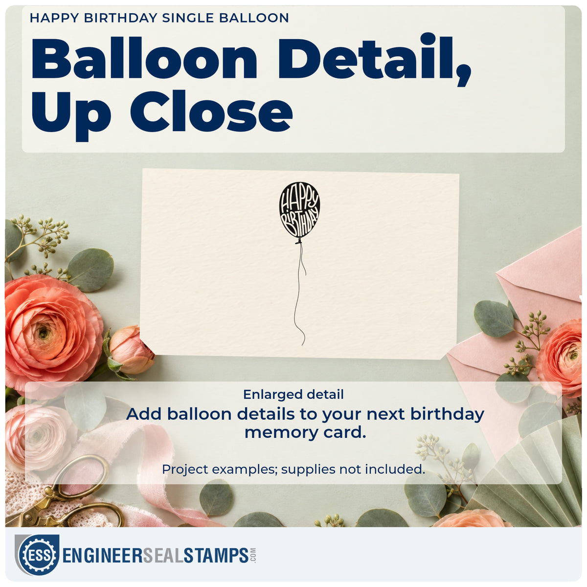 Enlarged detail of the Happy Birthday Single Balloon Lettering Self-Inking Stamp imprint. A single dark balloon contains narrow HAPPY BIRTHDAY lettering and trails a long curled string.
