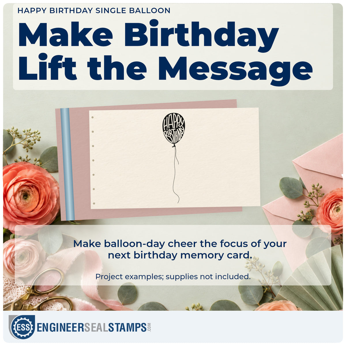 A finished handmade project stamped with the Happy Birthday Single Balloon Lettering Self-Inking Stamp, ideal for museum party album page.