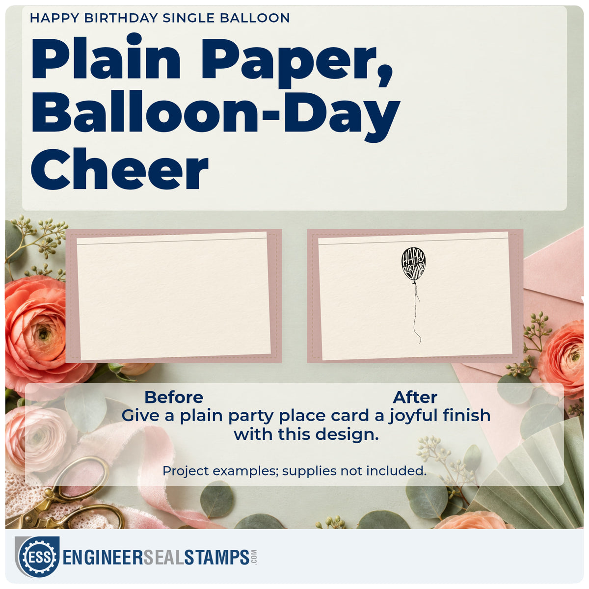 Before and after of a plain item finished with the Happy Birthday Single Balloon Lettering Slim Pre-Inked Stamp, a quick upgrade for framed party room.