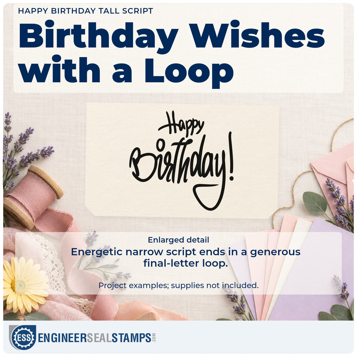 Enlarged detail of the Happy Birthday Tall Looped Script Pre-Inked Stamp – Slim imprint. Happy Birthday! appears in narrow energetic script with a large loop on the final letter.