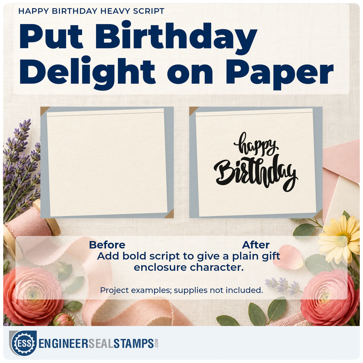 Before and after of a plain item finished with the Happy Birthday Heavy Script Lettering Rubber Stamp – Duo Hand, a quick upgrade for framed back bar.