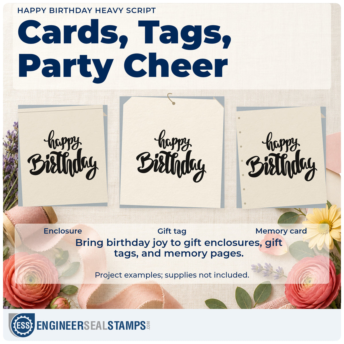 Three project examples made with the Happy Birthday Heavy Script Lettering Rubber Stamp – Duo Hand, including booking night sheet.