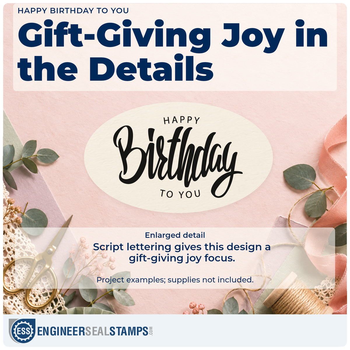 Enlarged detail of the Happy Birthday To You Frame Accent Rubber Stamp – Wood Handle imprint. Small HAPPY and TO YOU frame a large decorative Birthday script.