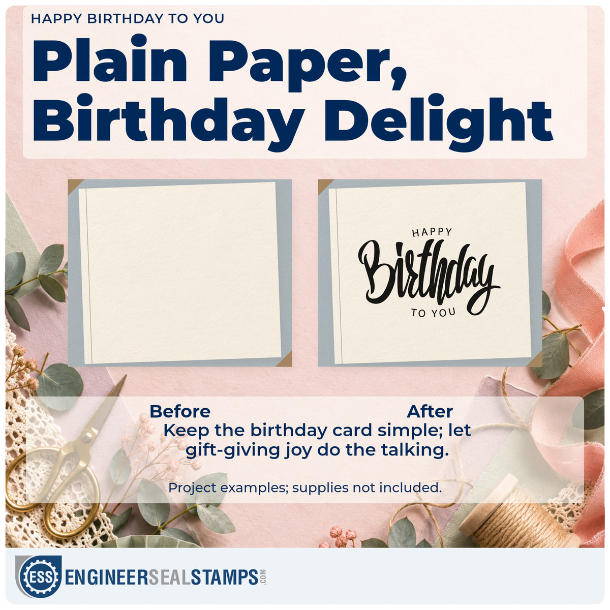 Before and after of a plain item finished with the Happy Birthday To You Frame Accent Duo Hand Stamp, a quick upgrade for framed school hall.
