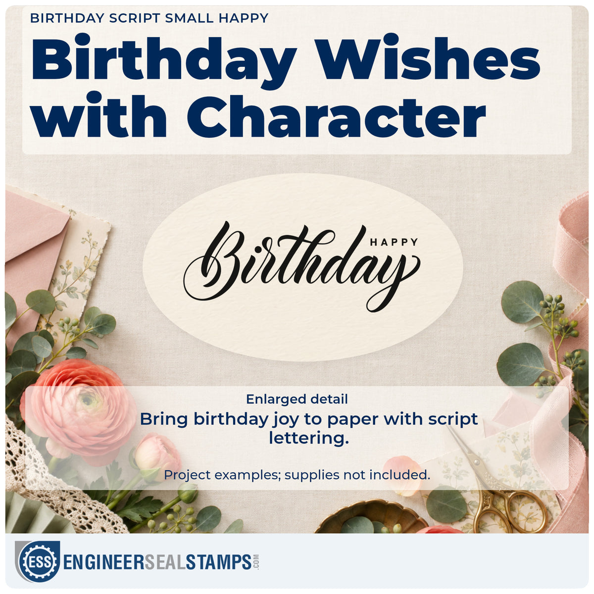 Enlarged detail of the Happy Birthday Asymmetric Script Slim Pre-Inked Stamp imprint. Birthday appears in a wide flowing script with tiny HAPPY above its right side.